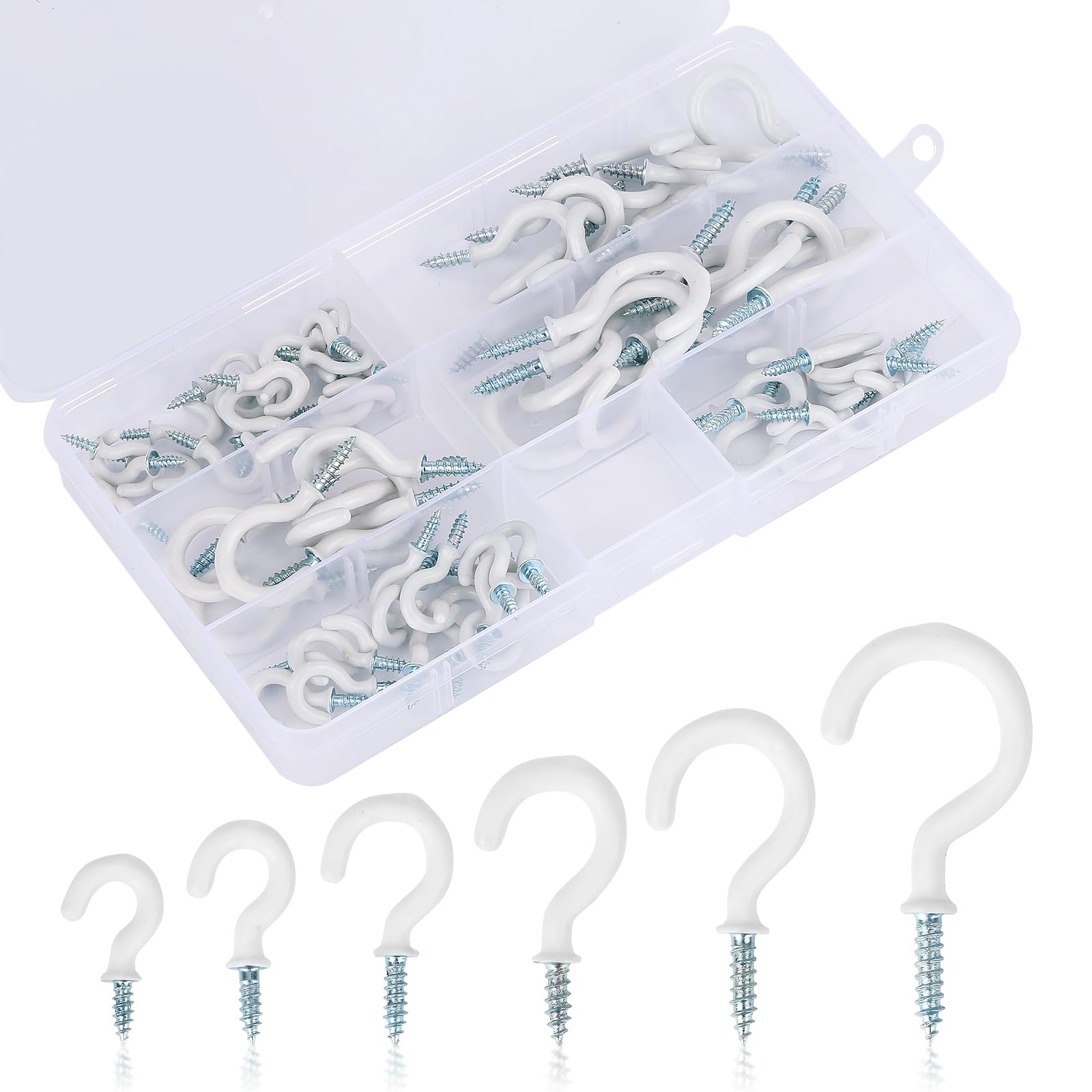 FINEASY 75pcs White Hooks for Hanging Ceiling Screw in Hooks,Vinyl Coated Ceiling Hooks for Hanging Plants,6 Sizes Mug Cup Hooks Set,for Outdoor Christmas Lights,Plants,Indoor Outdoor Use (White)