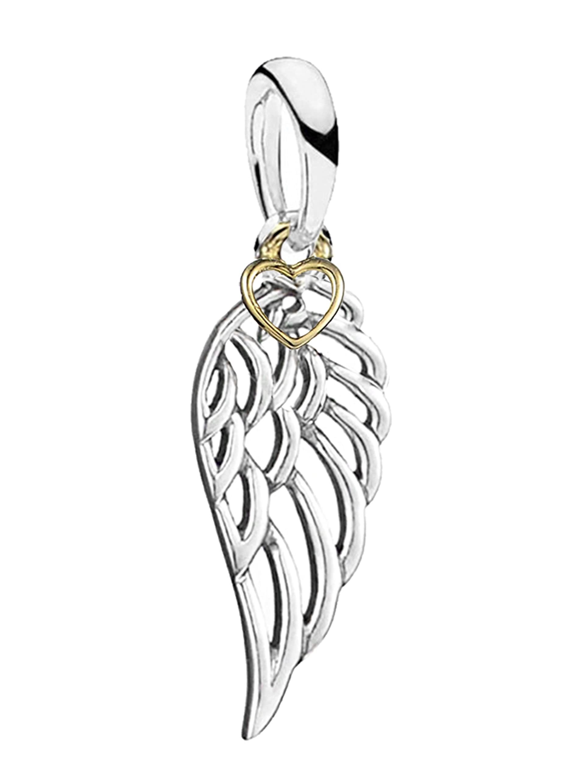 Angel Wing Feather Pendant Charm for Pandora Moments Bracelets or Necklace 925 Sterling Silver with Gold Heart - Gift Box