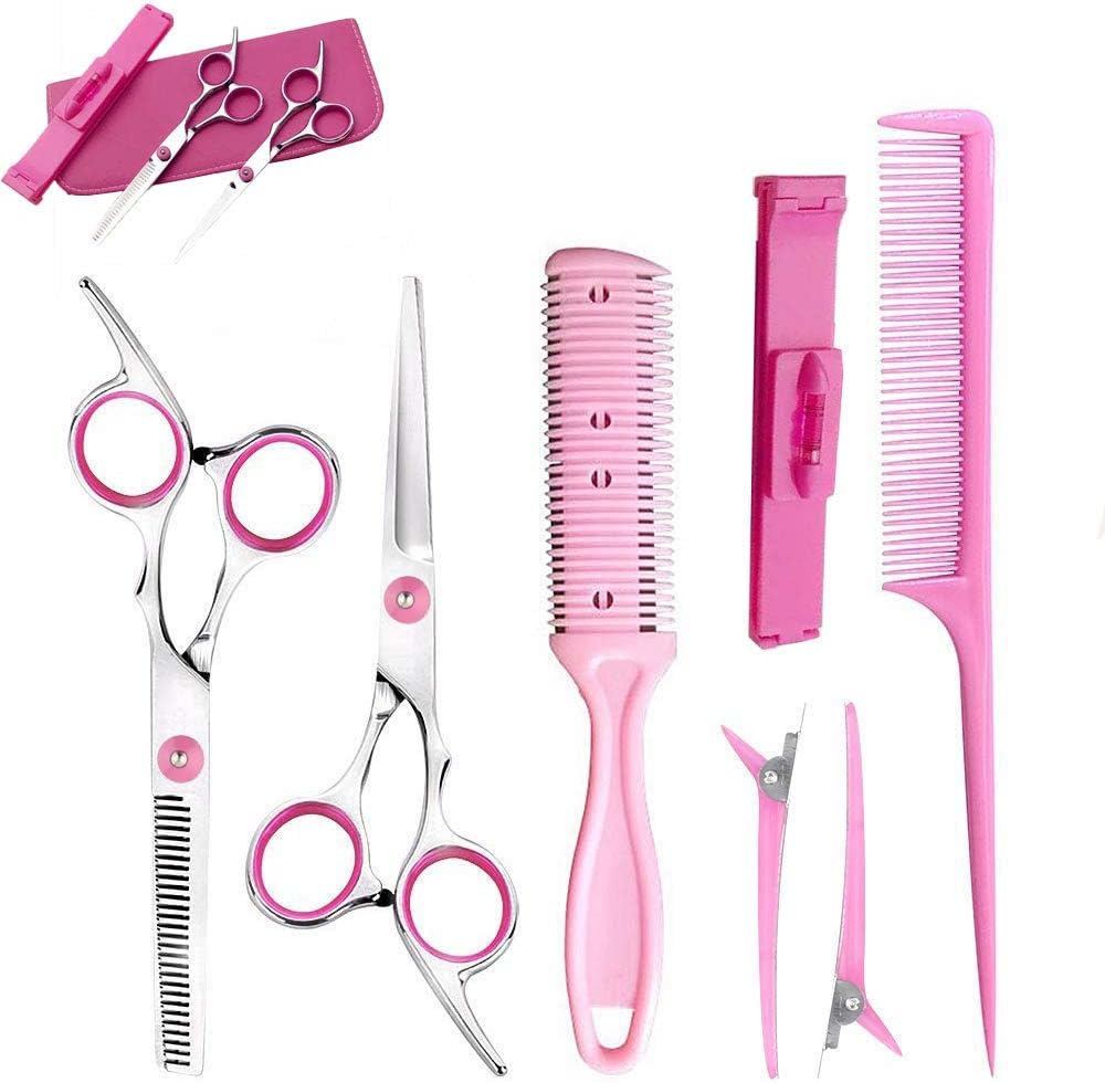 ELDA Hair Cutting Scissors Set 8Pcs Home Haircut Scissors Shears Professional Barber Salon Hairdressing Safety Scissors Set Include Thinning Scissor Hair Comb Leather Scissors Case for Kid Men Women