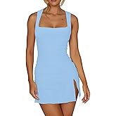 VASAUG Women's Sexy Square Neck Ruched Bodycon Mini Dress Ruffle Hem Slit Party Club Short Dresses, Small, Baby Blue