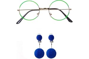Fancheer Green Glasses with Blue Clip-on Earrings Round Metal No Lens Costume Accessories