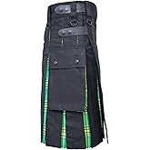 Modern Utility Kilts-Men's Plus Size Scottish Hybrid Black Cotton & Acrylic Wool Tartan Utility Kilts with Leather Straps