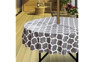 Hipinger Vinyl Round Tablecloth with Zipper and Umbrella Hole, Outdoor Oil Waterproof Stain Resisteant PVC Table Cover for Party, Picnic and Patio 60 Inch Round, Grey Moroccan