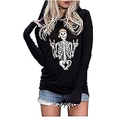 Skull Hoodie Tshirt Women Vintage Gothic Graphic Tees Halloween Hoodies Casual Fall Long Sleeve Pullover Tops