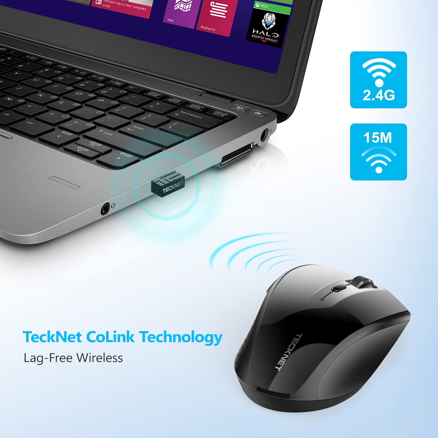 TECKNET Silent Maus Kabellose, 4800DPI 2.4GHz Leise Funkmaus mit Nano Empfänger, Side Control, Ohne Klickgeräusche, 6 Verstellbare DPI Level, Sechs Knöpfe Wireless Maus für Büro Zuhause, Schwarz 4
