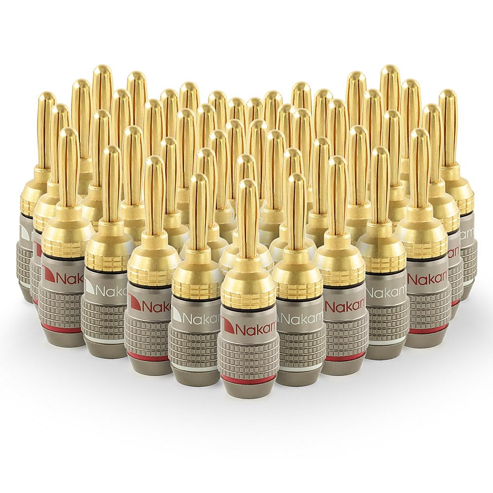 Nakamichi FanLock Excel Series 24k Gold Plated Banana Plug 10 AWG - 18 AWG Gauge Size 4mm for Speakers Amplifier Hi-Fi Stereo Home Theatre Radio Audio Wire Cable Quick Connector 48 Pcs (24-Pairs)
