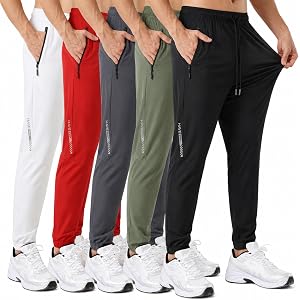 XWC 5 Pack Men's Athletic Joggers with Pockets and Zipper, Drawstring Elastic Waist, Quick Dry Lightweight Pants