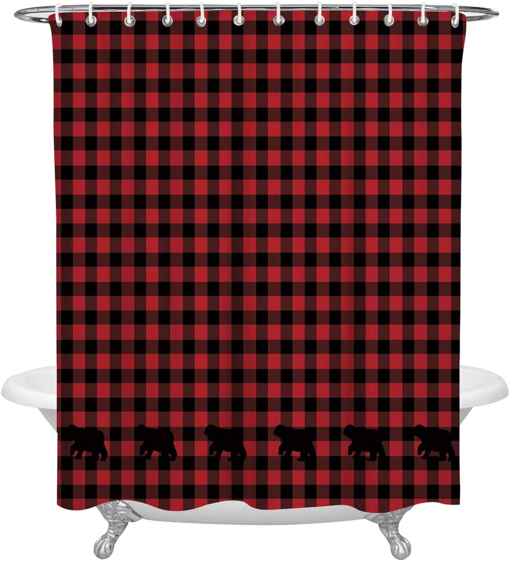 Amazon Com Familydecor Black Red Plaid Pattern Buffalo Check Bear Applique Shower Curtain Waterproof Fabric Bathroom Decor Set With Hooks 66 X 72 Home Kitchen