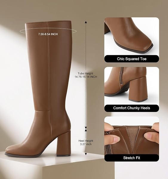 ANKIS KNEE HIGH BOOTS FOR WOMEN SQUARED TOE CHUNKY HIGH HEEL WITH SIDE ZIPPER LONG BOOTS