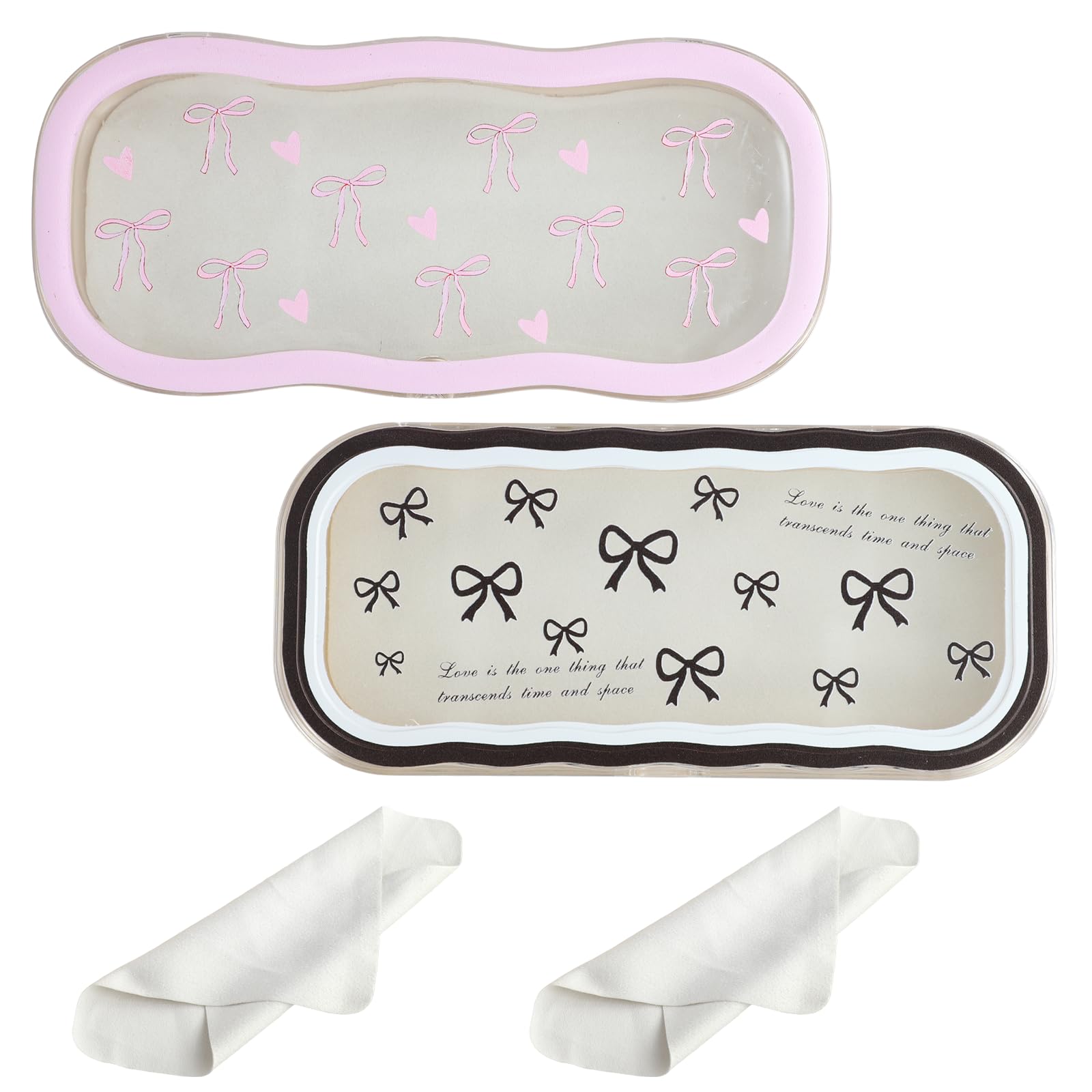 Photo 1 of 2 Pcs Cute Bow Glasses Case Set, 6.5 x 3 x 1.2 inches, Hard Shell Protection, Pink and Black, with 2 Cleaning Cloths