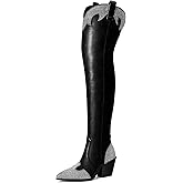 MUCCCUTE Cowboy Boots for Women Black Thigh High Boots - Fashion Cowgirl Over The Knee Boots with Rhinestone - Pointed Toe Chunky Heels Side Zipper Fall Tall Boots for Ladies