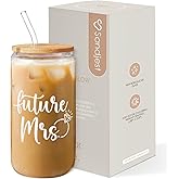 SANDJEST Future Mrs Glass Coffee Cup 16 Oz with Bamboo Lid and Straw - Bridal Shower Gift - Engagement & Bachelorette Gifts for Bride