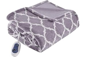 Beautyrest Ogee Printed Plush Electric Blanket for Cold Weather, Fast Heating, Auto Shut Off, Virtually Zero EMF, Multi Heat Setting, UL Certified, Machine Washable, Lavender Oversized Throw 60x70