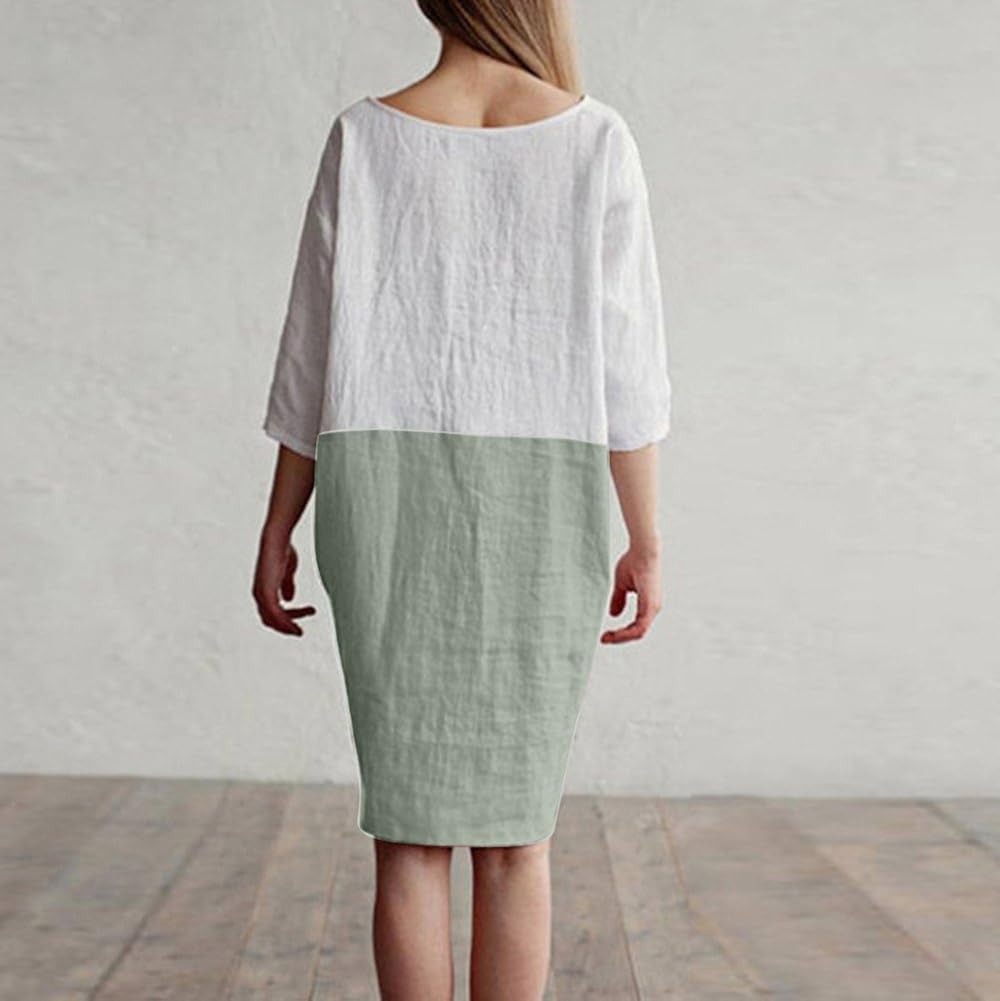 POTO Women Dresses, Loose Color Stitching Casual Dresses with Pockets Cotton Linen Tunic Dress Party Dress Beach Dress