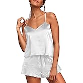 Aamikast Womens Silk Satin Pajama Sets Sexy Cami Ruffled Shorts Sets 2 Piece Pjs Sleepwear