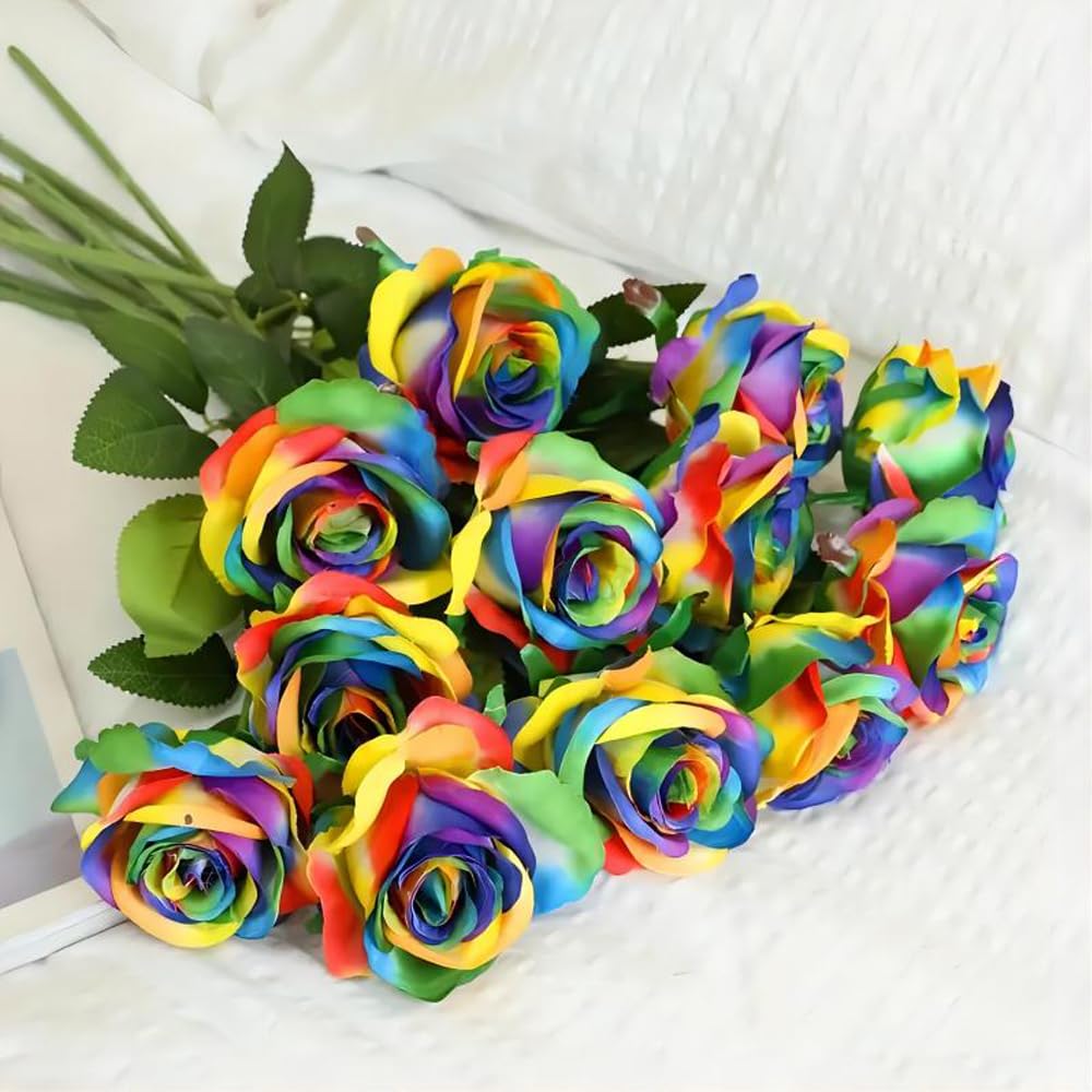 Laelfe 12 Pcs Rainbow Roses Artificial Flowers, 53 cm Single Long Stem Faux Silk Rainbow Rose Fake Colorful Flowers for Wedding Bridal Bouquet Home Party Hotel Decorations (Colorful)
