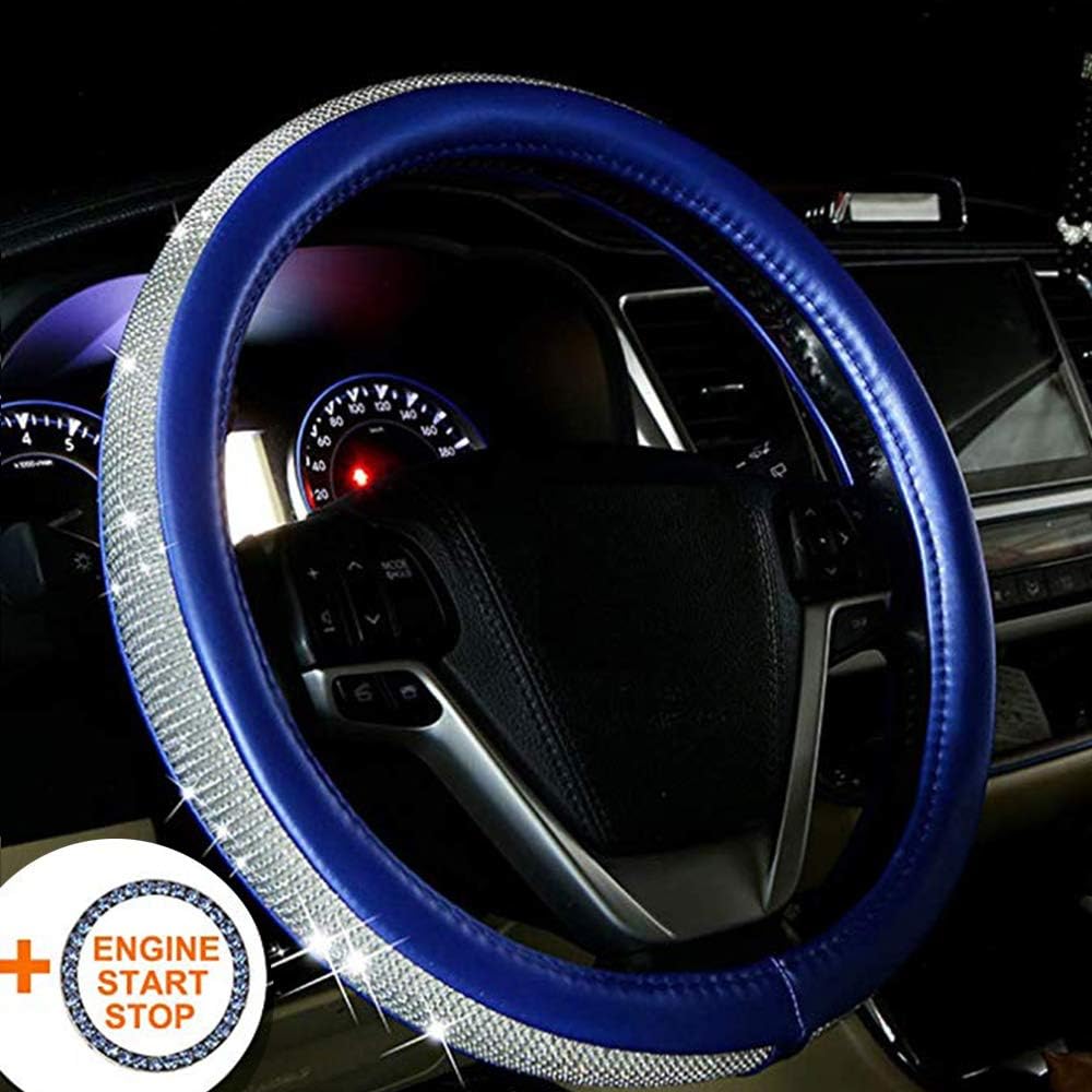 BabYoung Bling Steering Wheel Cover 15 inch for Women, PU Leather with Bling Bling Rhinestones (Navy Blue)