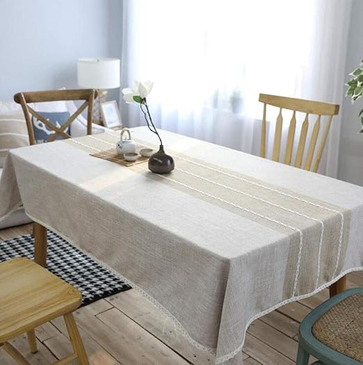 Amazon Com Leadtimes Linen Lace Tablecloth 55 X 72 Inch Coffee Table Cover For Kitchen Dining Striped Sitiching Tabletop Decorative Coffee 55 X 72 Home Kitchen