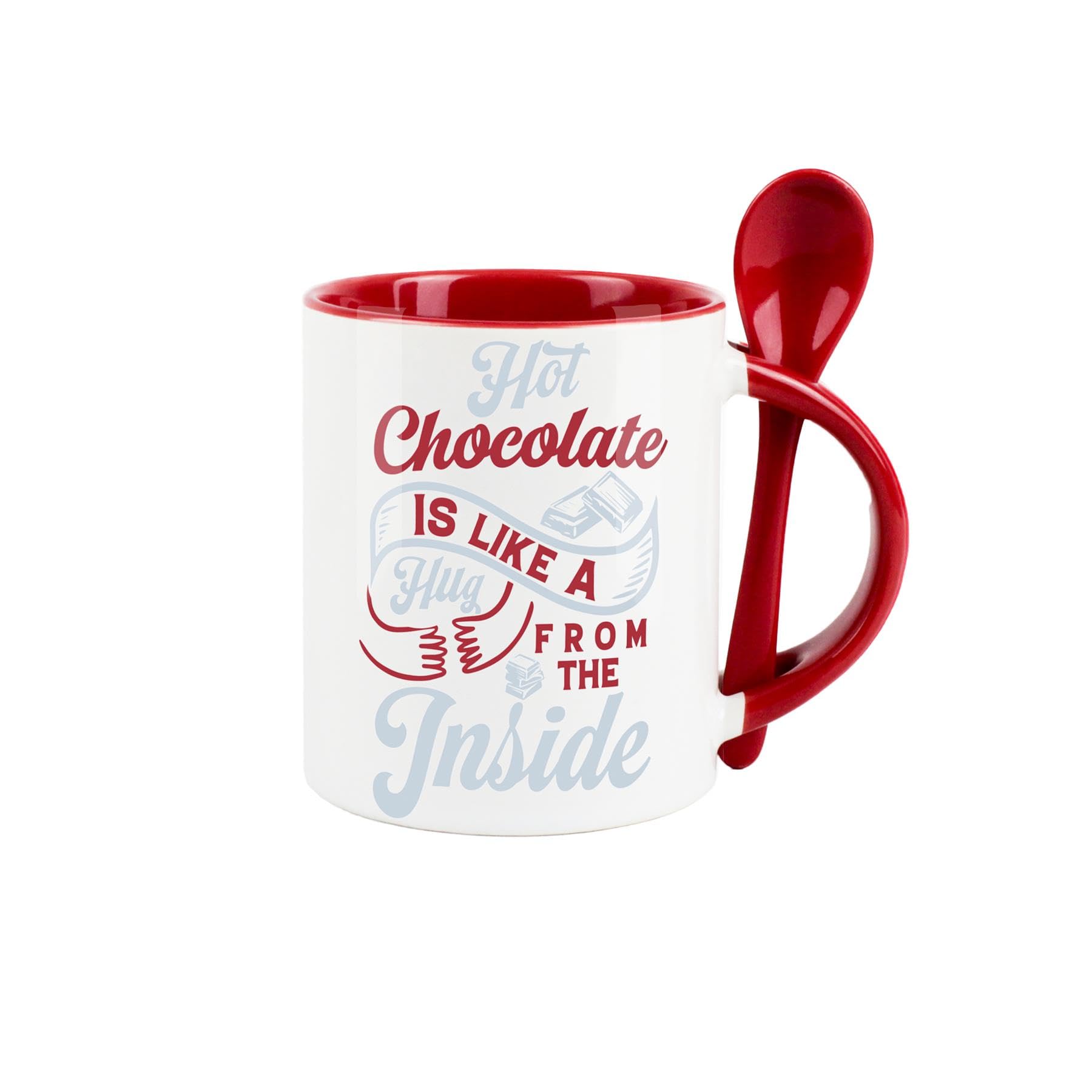 Purely Home Hot Chocolate Mug and Spoon Set - Like A Hug from The Inside - Ceramic Red Coffee/Tea Mug with Spoon in Handle