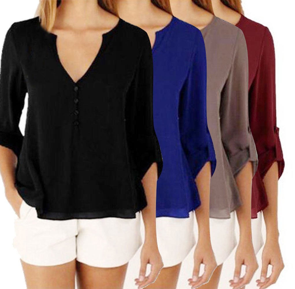 Pevor Women Casual Deep V-Neck Cuffed Sleeves Solid Chiffon Blouse Shirt Top, XL,Blue