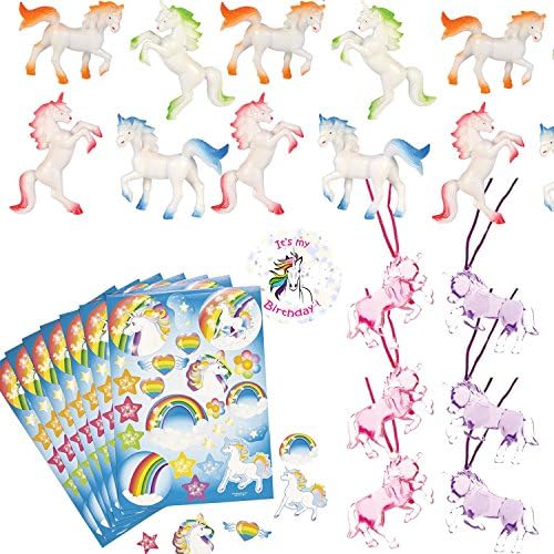 Unicorn Party Favors For 12 - Unicorn Necklaces (12), Unicorn Stickers (12 Sheets), Unicorn Figures (12) and a Birthday Sticker