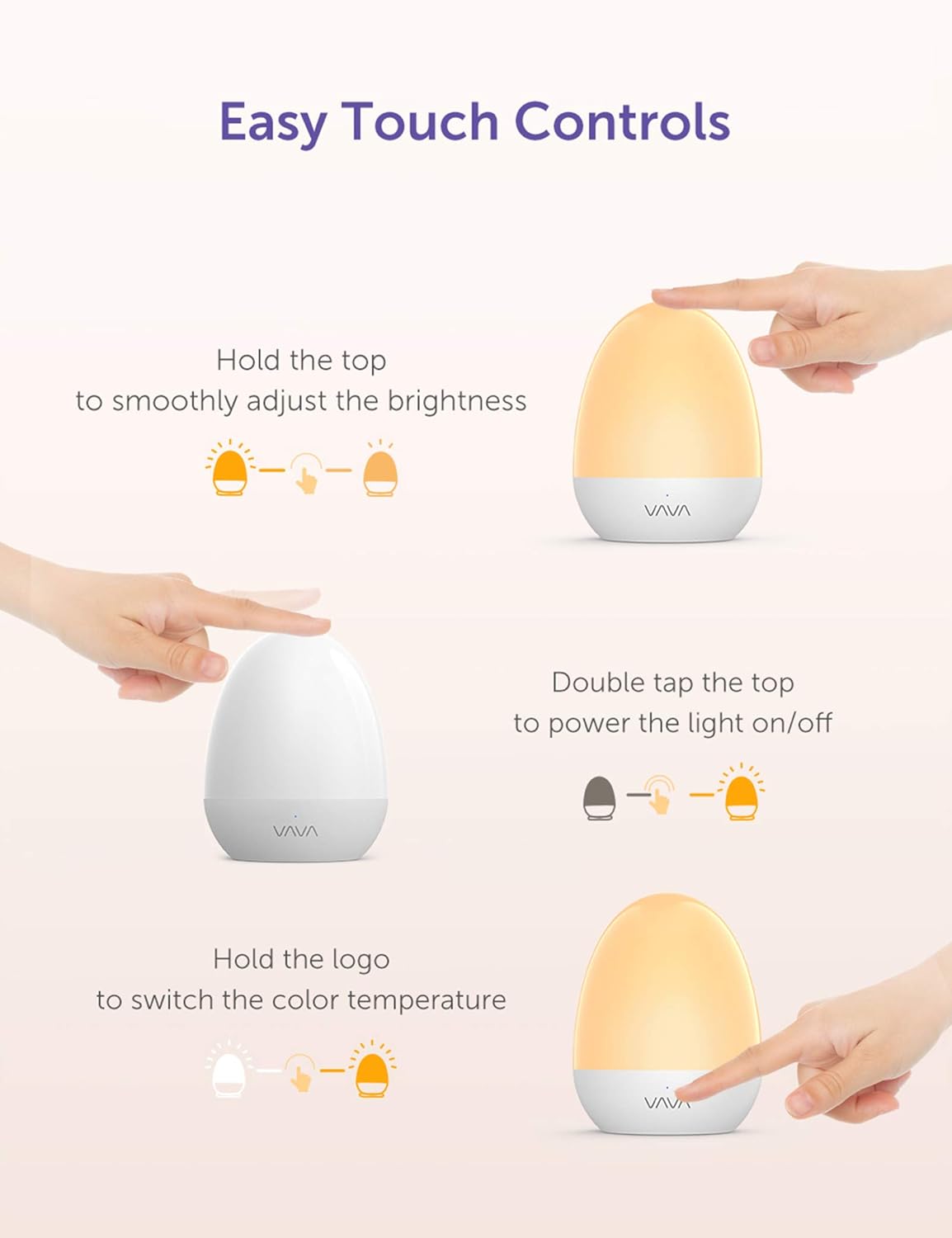 VAVA Home VA-CL006 Night Lights for Kids with Stable Charging Pad, ABS+PC Bedside Lamp for Breastfeeding, Touch Control&Timer Setting, White - - 