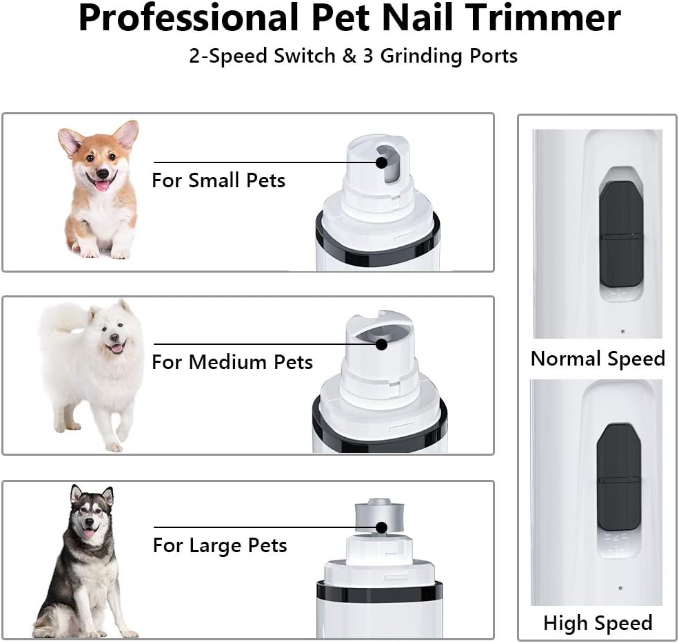 DELOMO Pet Nail Grinder for Dogs & Cat Quiet, 2 Speed and 3 Ports Nail Grinder, Electric Dog Nail Trimmers, Portable and Rechargeable Dog Nail Grinder for Large Dogs, Trimming your Pets Nail Smoothing