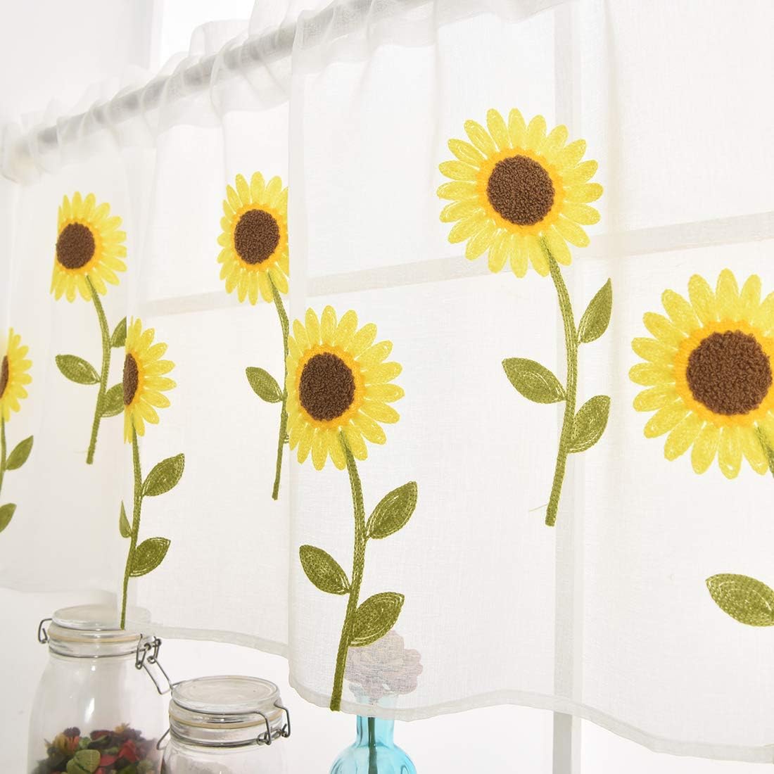 vctops Boho Sunflower Embroidered Sheer Voile Kitchen Cafe