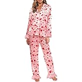 Argeousgor Women Feather Pajamas Silk Satin Lounge Sets Long Sleeve Button Down Shirts and Pants 2 Piece Pj Set