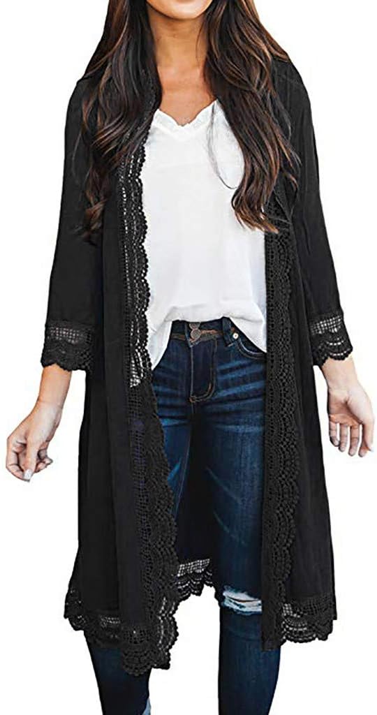 LEKODE Cardigan Women's Lace Solid Thin Long Coat