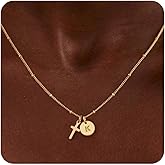 Turandoss Cross Initial Necklaces for Women Teen Girls, Dainty 14K Gold Plated Disc Initial A-Z Cross Pendant Necklace Trendy Faith Jewelry Birthday Valentines Easter Gifts for Women Girls