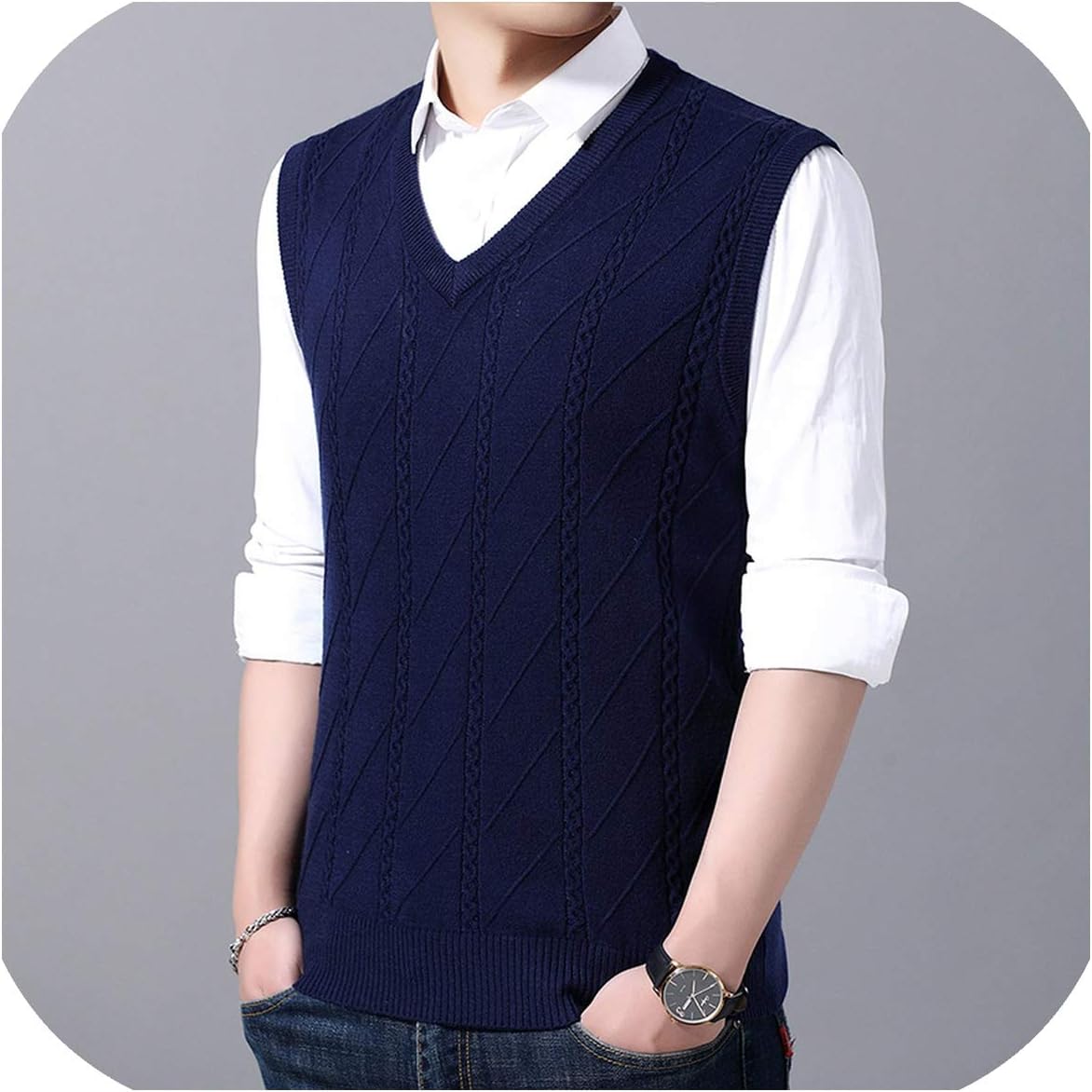 Little SU Sleeveless Sweater Mens Pullover V Neck Jumpers Knitting Vest Casual Mens Clothes