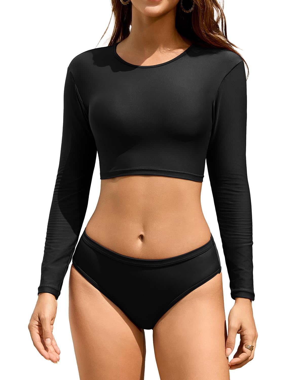 Photo 1 of Cromi Women Two Piece Long Sleeve Swimsuits Rash Guard Bathing Suit Sun Protection Crop Top with Swim Bottom Black XL
