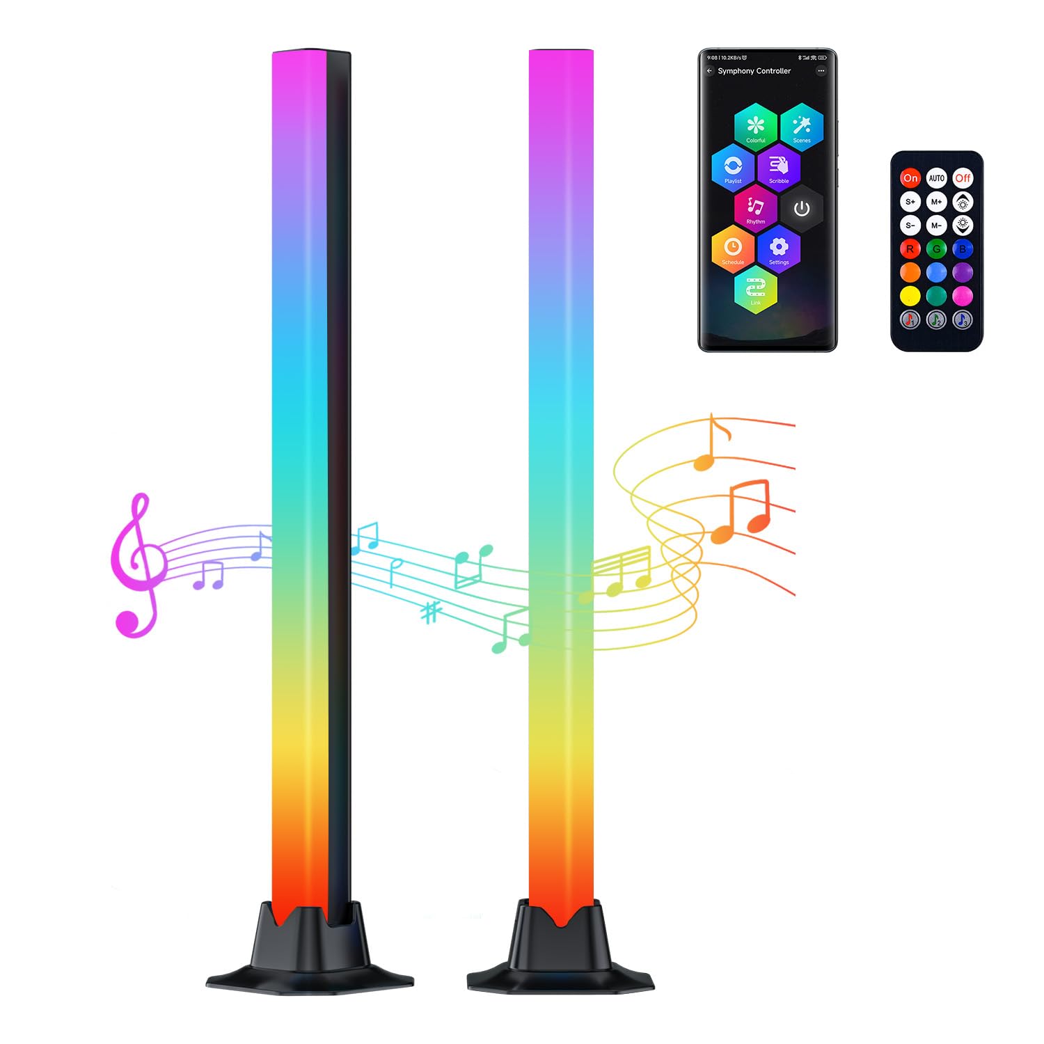 G-STORY Smart RGB LED Lightbar, Voice Activated Music Sync Rhythm Light, Upgraded 42 CM Colorful Sound Pickup Ambient Lights with App and Remote Control, for Gaming, Car, PC, TV, Party (2 Pack Black)