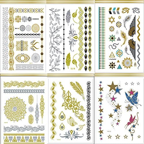 NALEDI 6 Sheets Metal Tattoo Stickers For Women Temporary Jewelry Tattoos