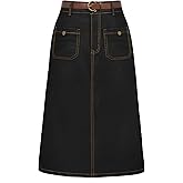 Belle Poque Denim Skirt with Belt Below Knee Length High Waisted Jean Skirts for Women