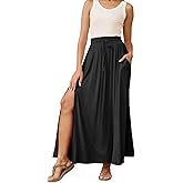 HERBATOMIA Women’s Maxi High Elastic Waisted Skirt Flowy A-Line Split Hem Beach Long Skirts for Women with Pockets
