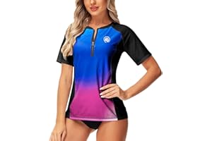 AOBUTE Women Zip Rash Guard UPF 50+ Gradient Short Sleeve Swim Top Surf Shirts