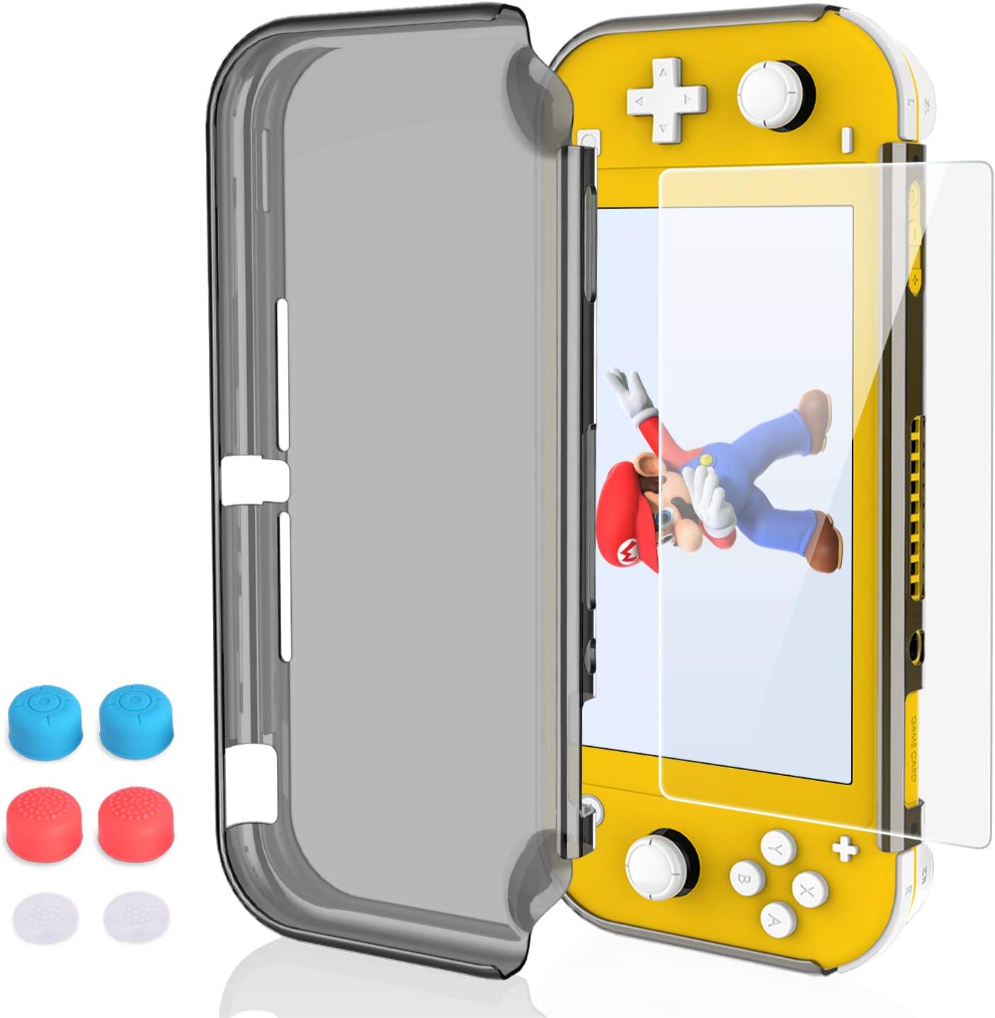 Case for Nintendo Switch Lite, HEYSTOP PC Clear Protective Case Cover for Nintendo Switch Lite with Switch Lite Tempered Glass Screen Protector and Thumb Stick Caps（Black）