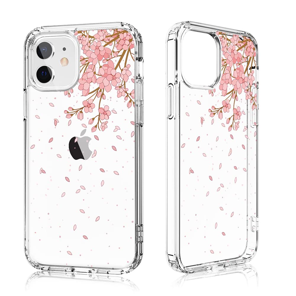 Losvick iPhone 12 Case, iPhone 12 Pro Case, Floral Flower Transparent Design Pattern Hybrid Back Hard PC + Shockproof TPU Bumper Case iPhone 12/12 Pro-6.1 Inch Peach Blossom Rain