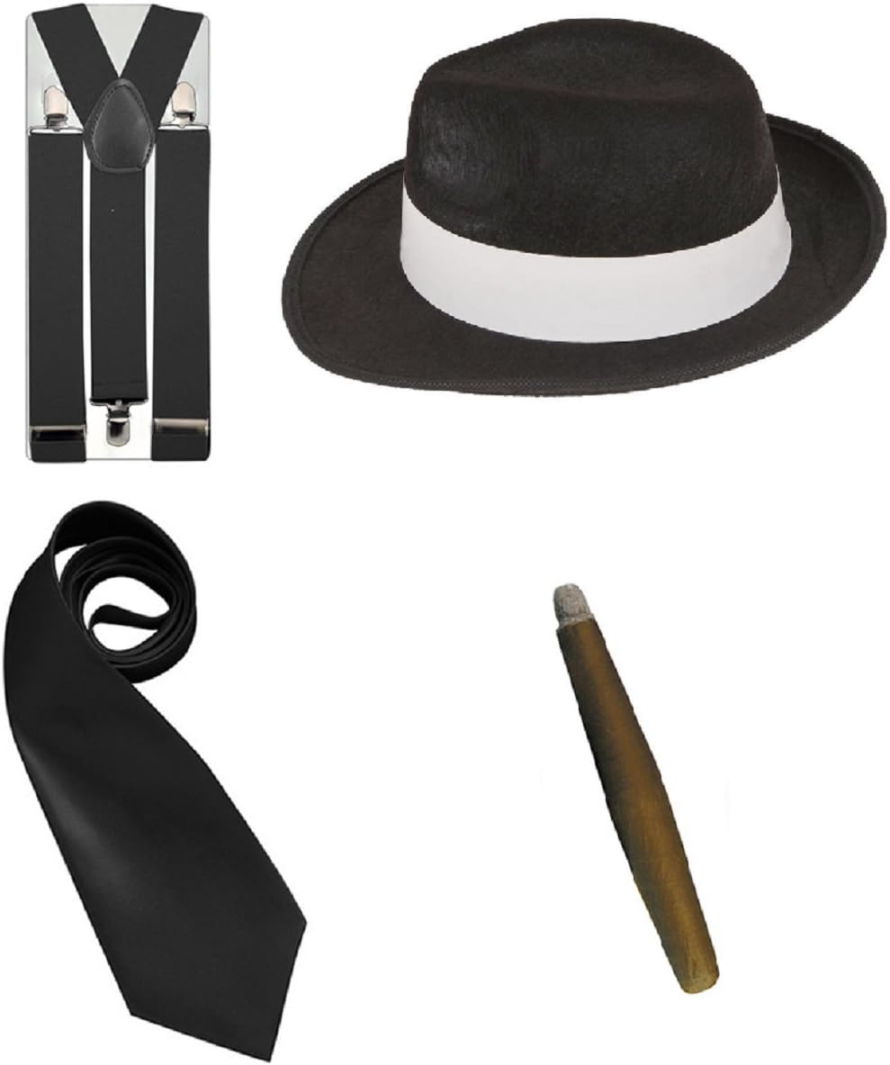 1920's Mob Hat Gangster Fancy Dress Set White, Red, Black With Trilby Hat , Tie, Suspenders and Fake Cigar (LS Glamour Room) (Black Set)