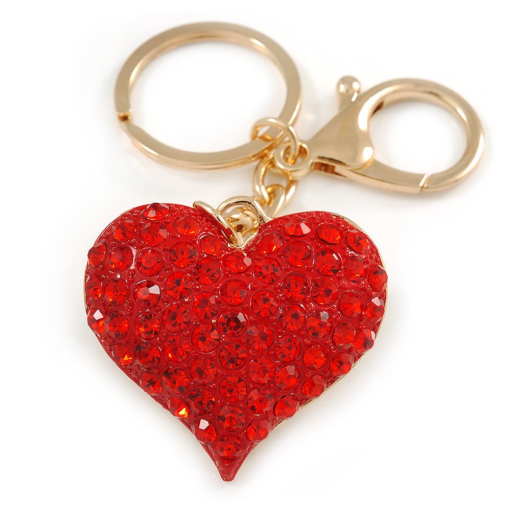Avalaya Hot Red Crystal Puffed Heart Keyring/Bag Charm In Gold Tone Metal - 8cm L