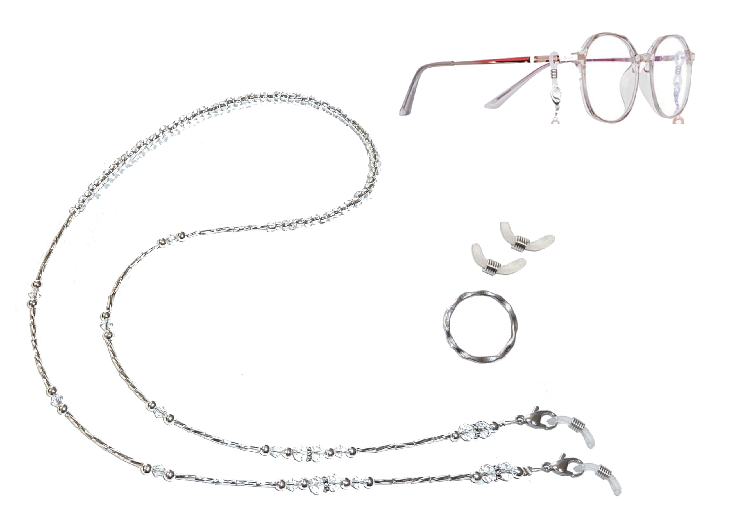 Crystal OR Black & Silver beaded Eyeglass Holder 28 on 19 strand wire, Eyeglass chain, leash (Crystal) by Hidden Hollow Beads