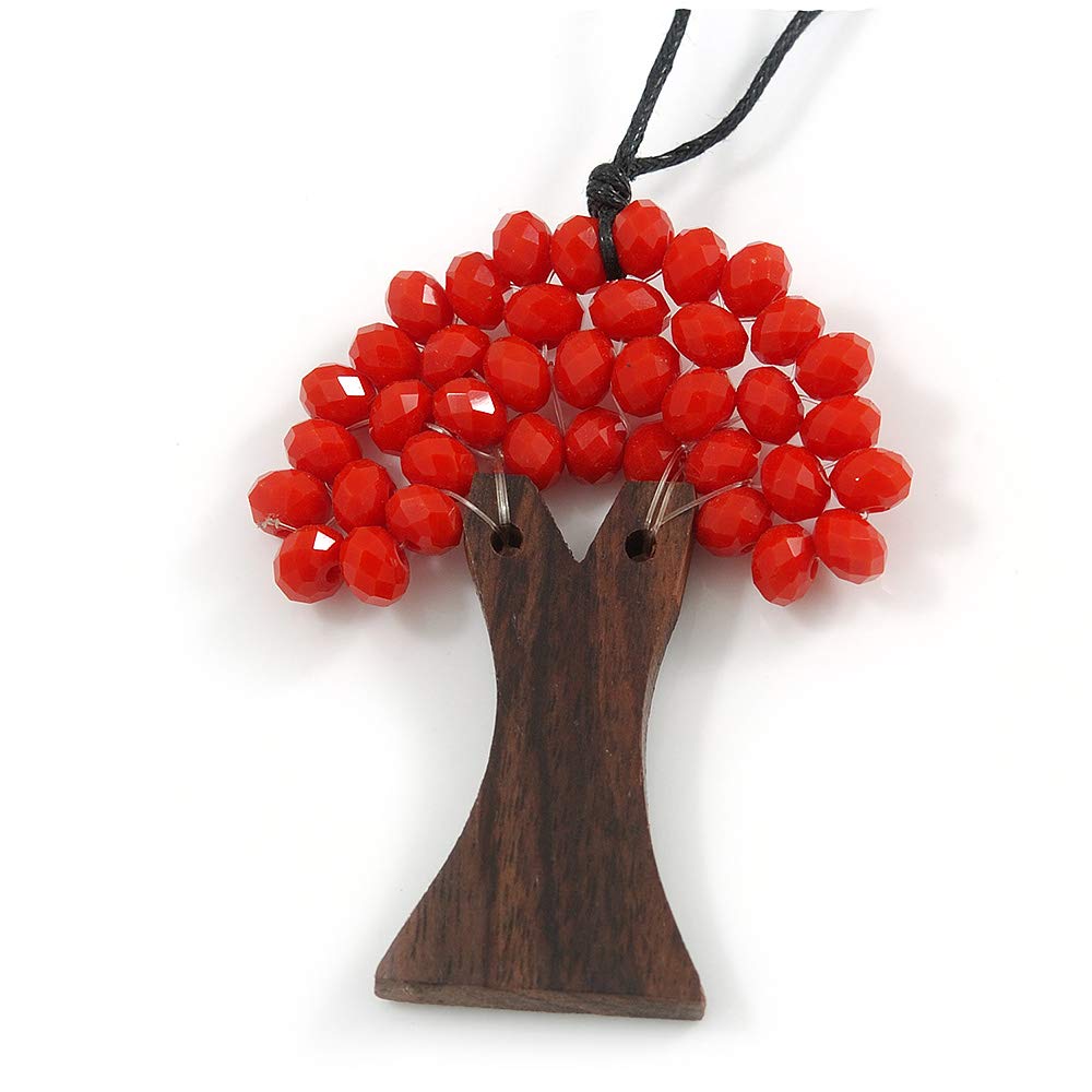 Avalaya Red Glass Bead/Brown Wood Tree Of Life Pendant with Black Cotton Cord - 76cm L