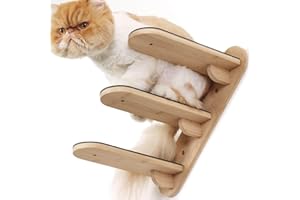 YKD Cat Climbing Shelf Wall Mounted, Natural Bamboo 3 Step Cat Stairway with Non-Woven Mat, Reversible Direction Cat Wall Stairs Ladder for Cats Perch Platform, Cat Wall Furniture