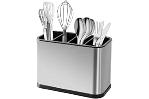 Dokpav Stainless Steel Kitchen Utensil Holder, 4 Compartments Cutlery Organizer with Removable Drip Tray, 18x8.6x13cm Square 