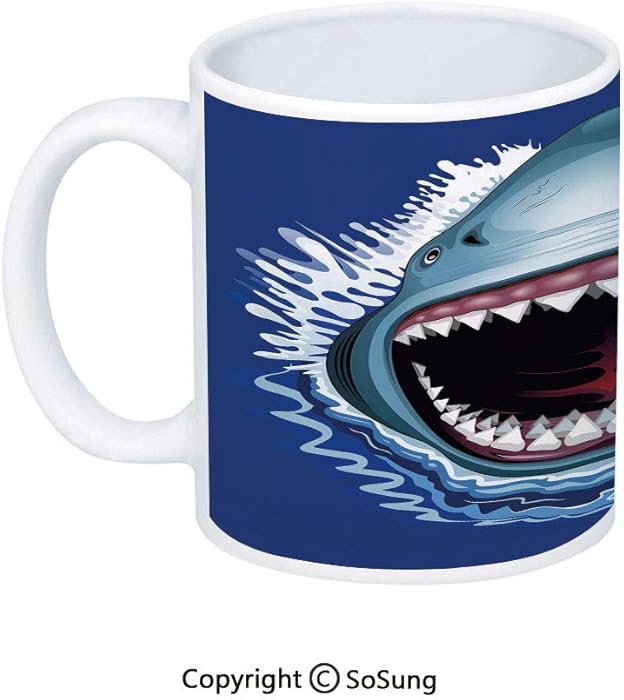 Shark Coffee Mug,Attack of Open Mouth Sharp Teeth Sea Danger Wildlife Ocean Life Cartoon,Printed Ceramic Coffee Cup Water Tea Drinks Cup,Royal Blue Teal
