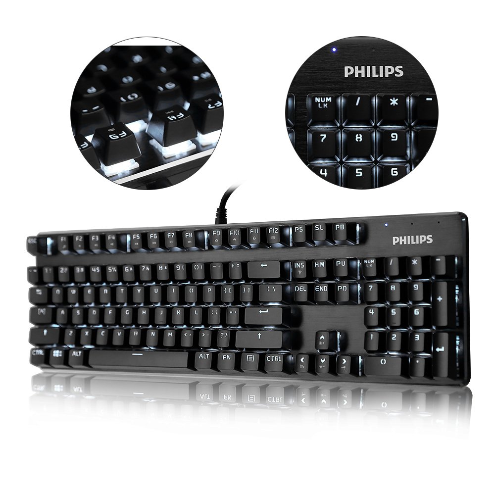 Philips Mechanical Gaming Keyboard Wired Ergonomic Keyboard with Blue Switch, LED Backlit, 9 Cool Switchable Light Effects, Aluminium Alloy Panel (Black)
