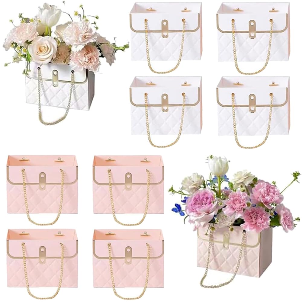 Photo 1 of 8PCS Flower Paper Gift Bag, Bouquet Storage Bucket Florist Handbag with Metal Chain, Gift Craft Wrap Bag for Wedding Party Valentine's Day Birthday Mother's Day Bridal Shower Gift Wrap Bags (Pink White)