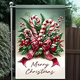 Tomhong Merry Christmas Garden Flag 12x18 Inch Double Sided for Outside Candy Canes with Holly Berries Red Bow and Pine Branches Yard Banner for Outdoor Lawn Patio Porch Winter Holiday Decor
